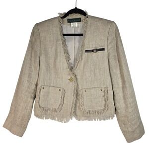 Harve Benard by Benard Holtzman Blazer Woman Size 8 Beige 100% Linen Fringe Trim